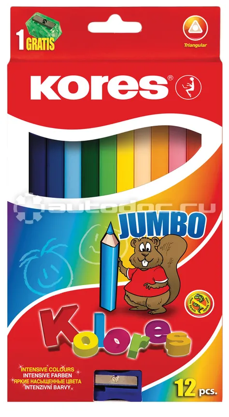 KORES Карандаши цветные 12цв 3-гран,точилка Jumbo 93512.01