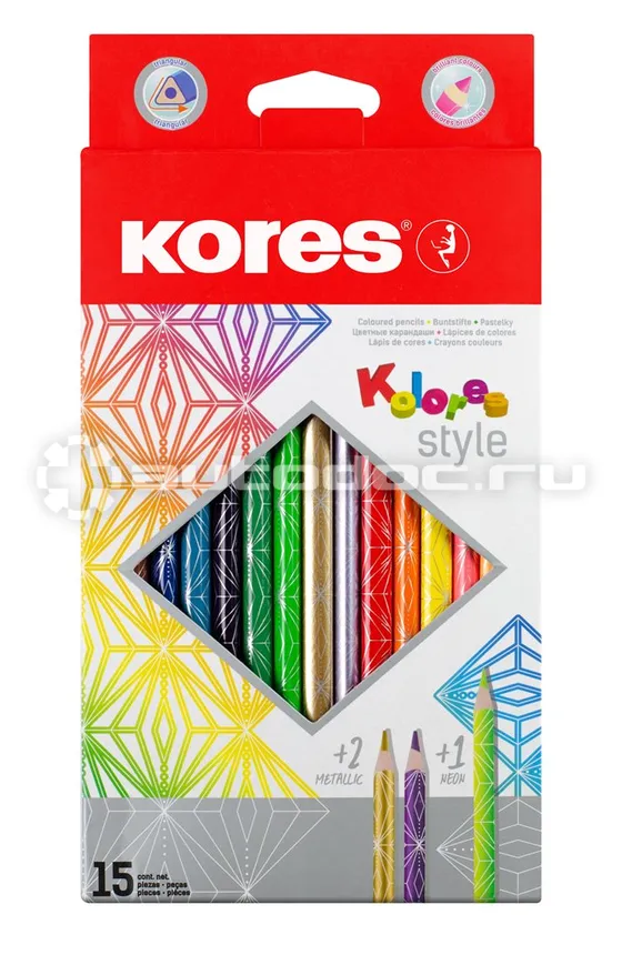 KORES Карандаши цветные 15 цв. 3-гран Kolores Style, 93310