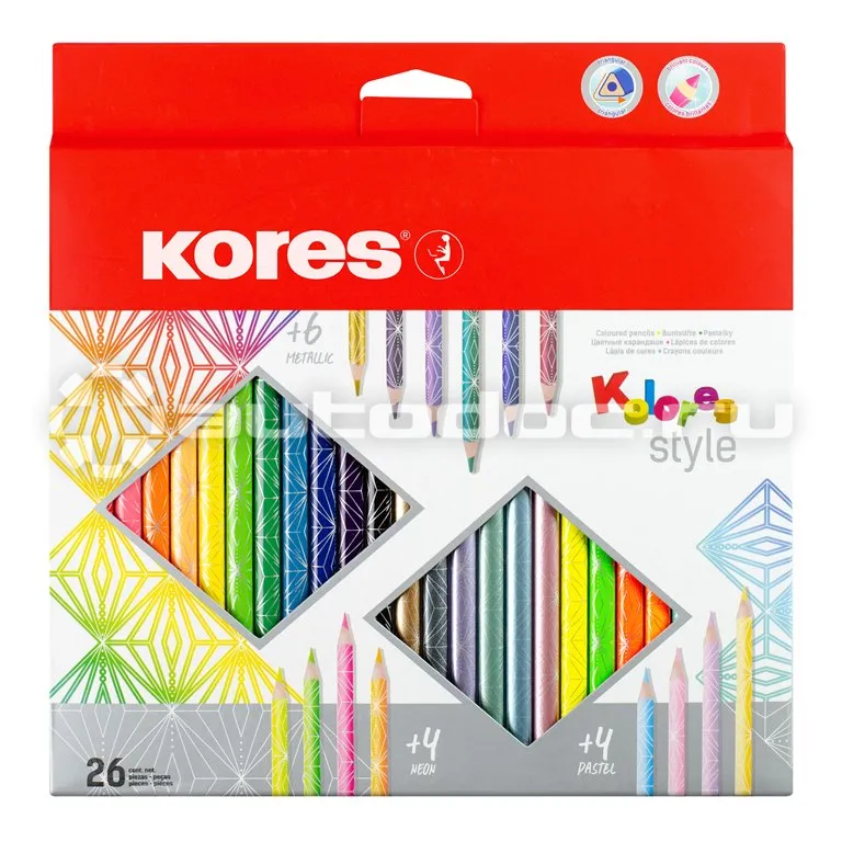 KORES Карандаши цветные 26 цв. 3-гран, Kolores Style, 93320