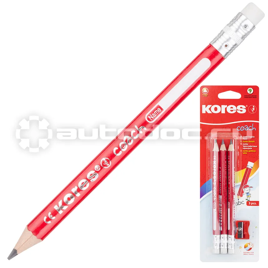 KORES Карандаши чернографитные JUMBO трехгран,HB 3шт+точилка+ластик
