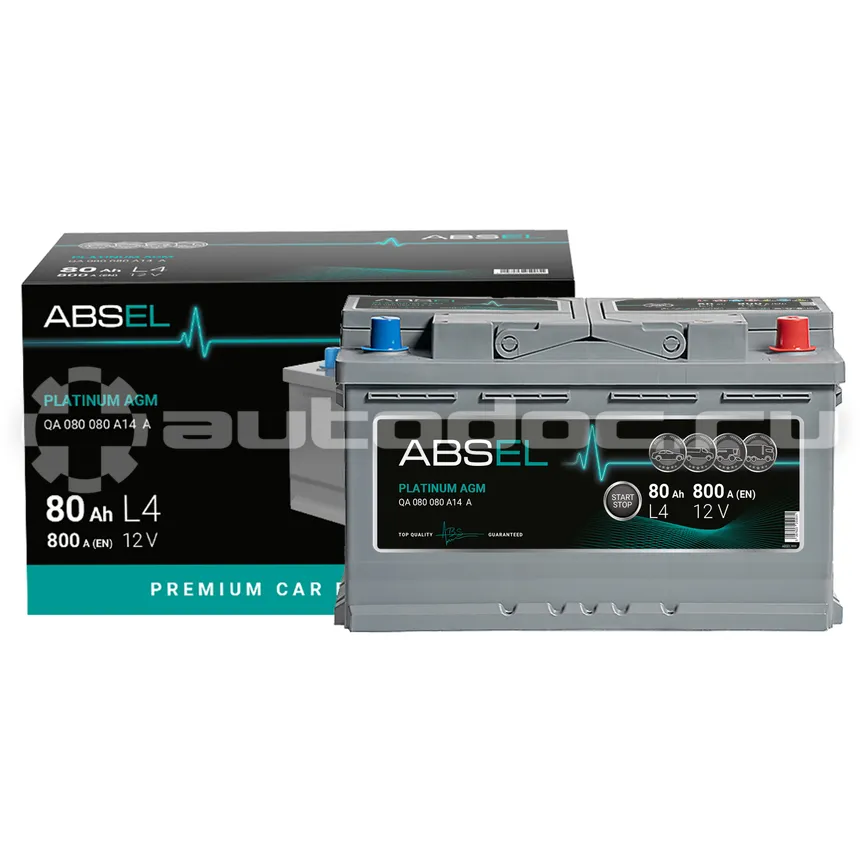 ABSEL Аккумулятор PLATINUM AGM 12V L4 80Ah 800A (0) ОП (легковая) type EURO (315x175x190)