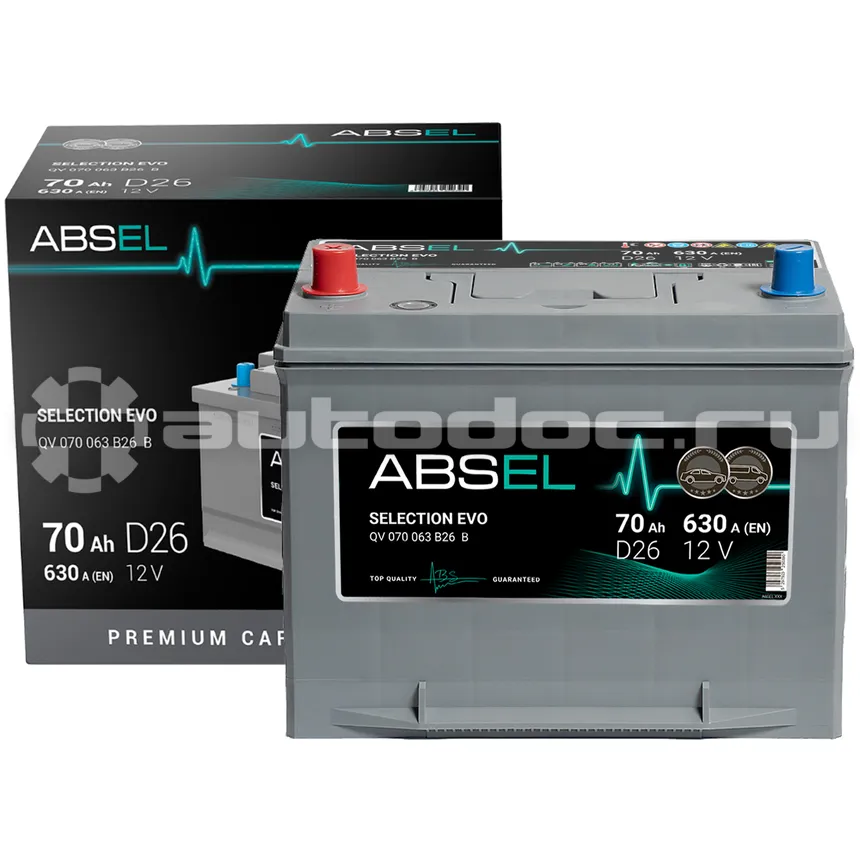 ABSEL Аккумулятор SELECTION EVO 12V D26 70Ah 630A (1) ПП (легковая) type ASIA (260x172x221)