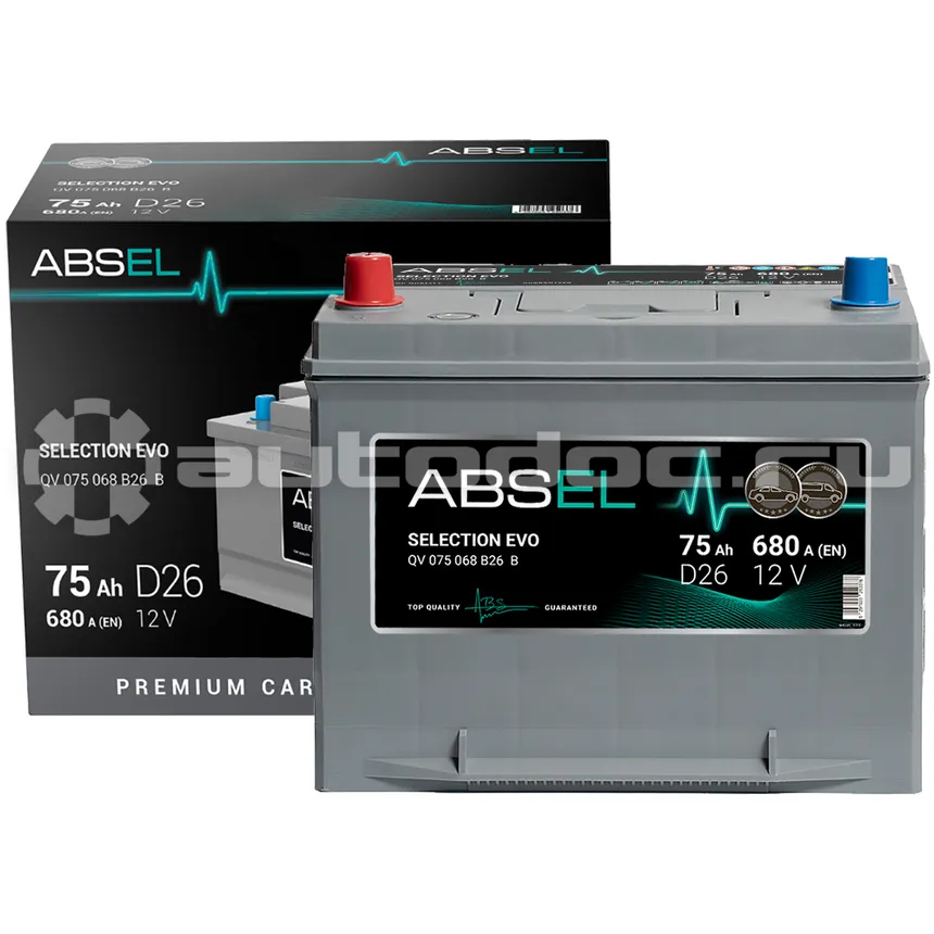 ABSEL Аккумулятор SELECTION EVO 12V D26 75Ah 680A (1) ПП (легковая) type ASIA (260x172x221)