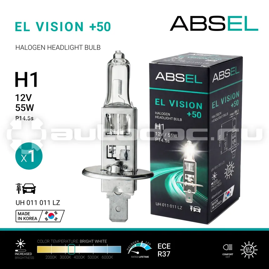 ABSEL Лампа галогенная H1 P14.5s 12V 55W EL VISION +50