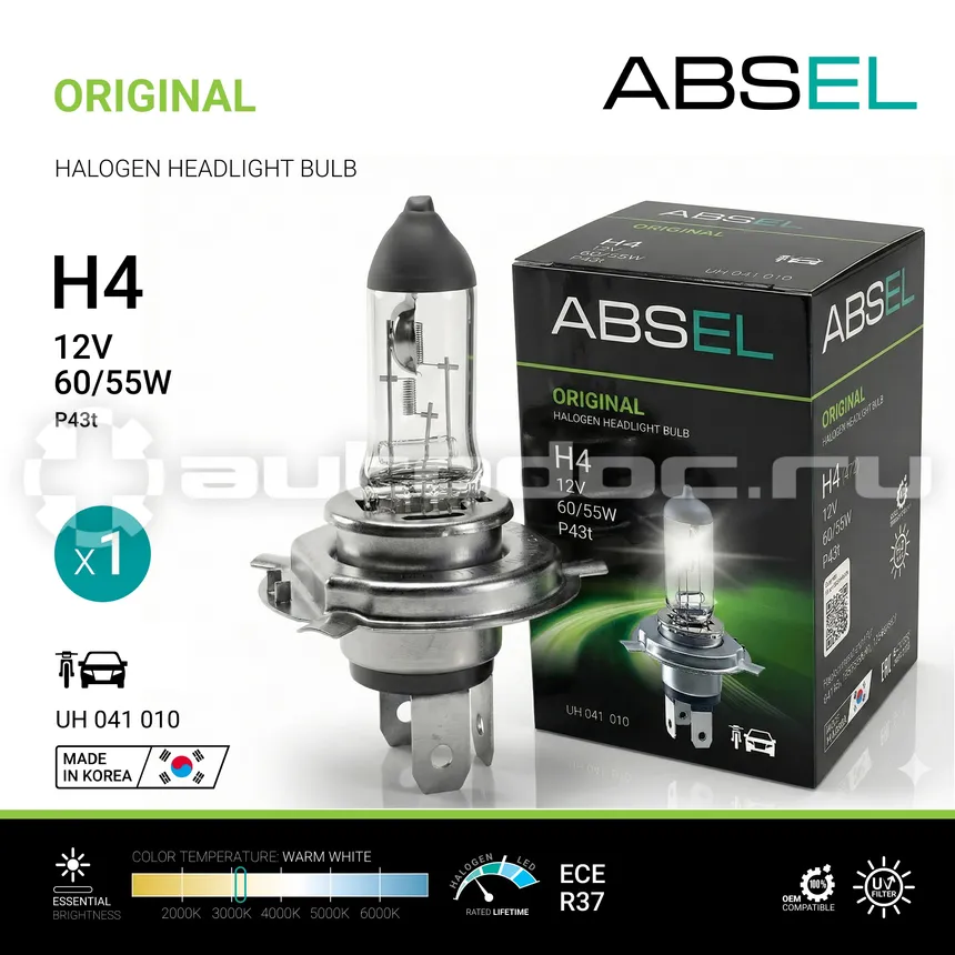 ABSEL Лампа галогенная H4 P43t 12V 60/55W ORIGINAL