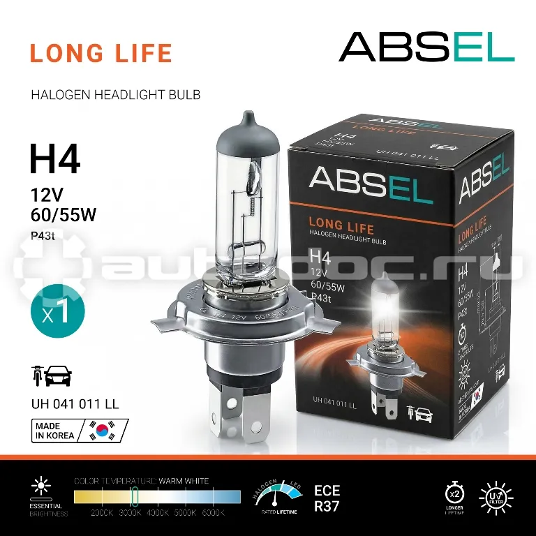 ABSEL Лампа галогенная H4 P43t 12V 60/55W LONG LIFE