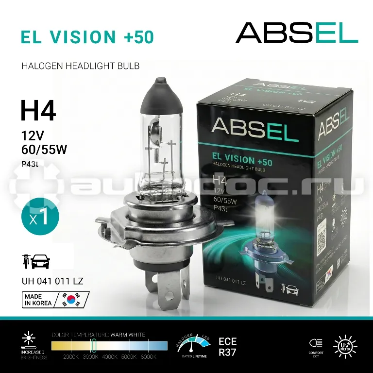 ABSEL Лампа галогенная H4 P43t 12V 60/55W EL VISION +50