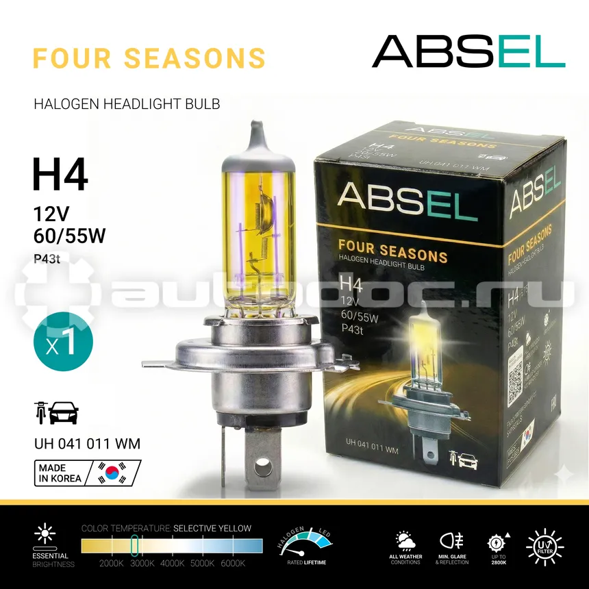 ABSEL Лампа галогенная H4 P43t 60/55W 12V FOUR SEASONS