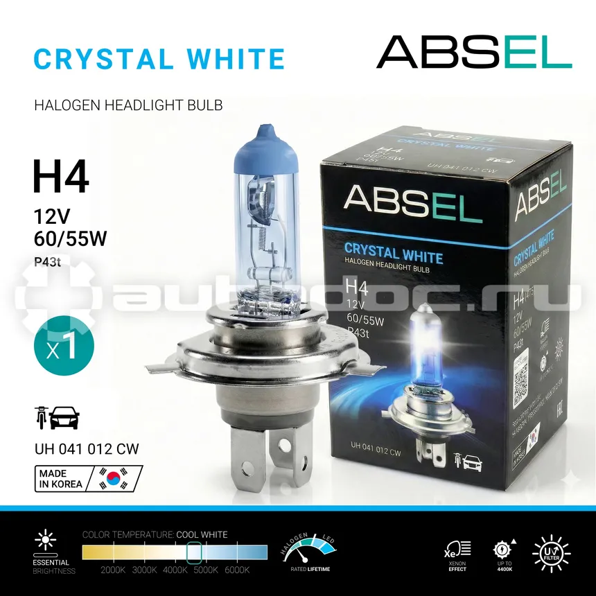 ABSEL Лампа галогенная H4 P43t 60/55W 12V CRYSTAL WHITE