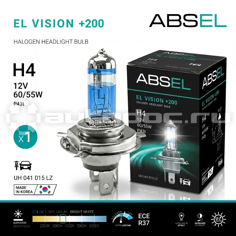 ABSEL Лампа галогенная H4 P43t 60/55W 12V EL VISION +200
