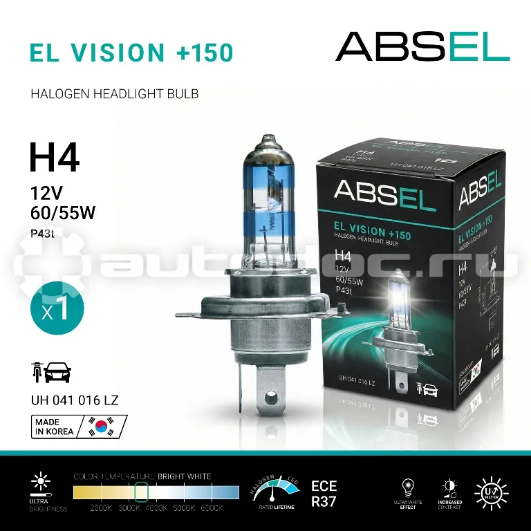 ABSEL Лампа галогенная H4 P43t 60/55W 12V EL VISION +150