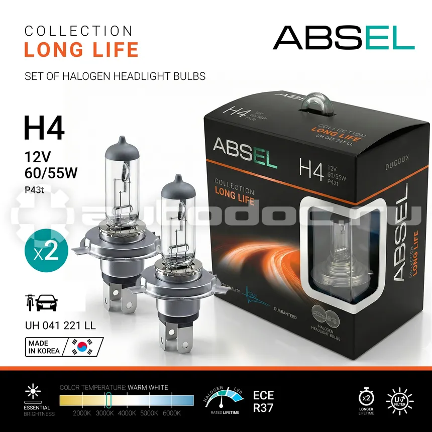 ABSEL Лампа галогенная H4 P43t 60/55W 12V LONG LIFE