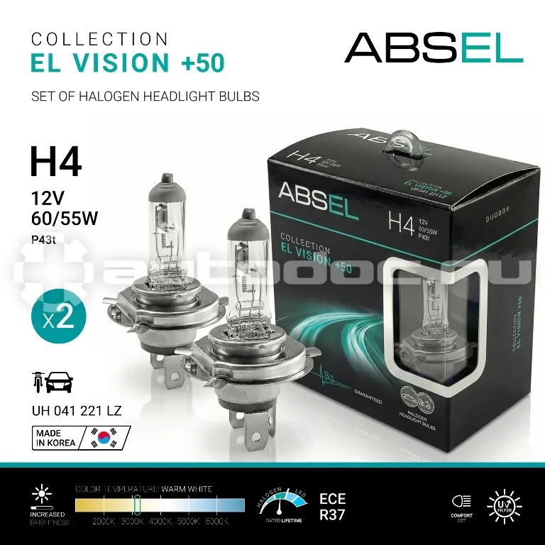 ABSEL Лампа галогенная H4 P43t 60/55W 12V EL VISION +50