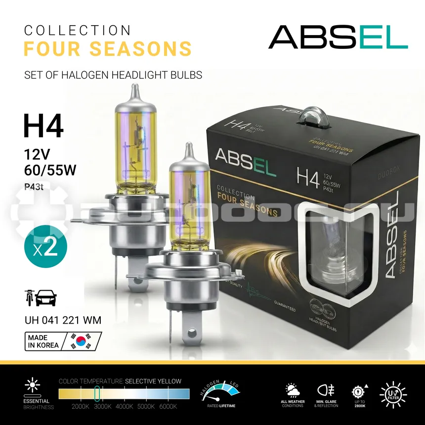 ABSEL Лампы галогенные H4 P43t 12V 60/55W FOUR SEASONS