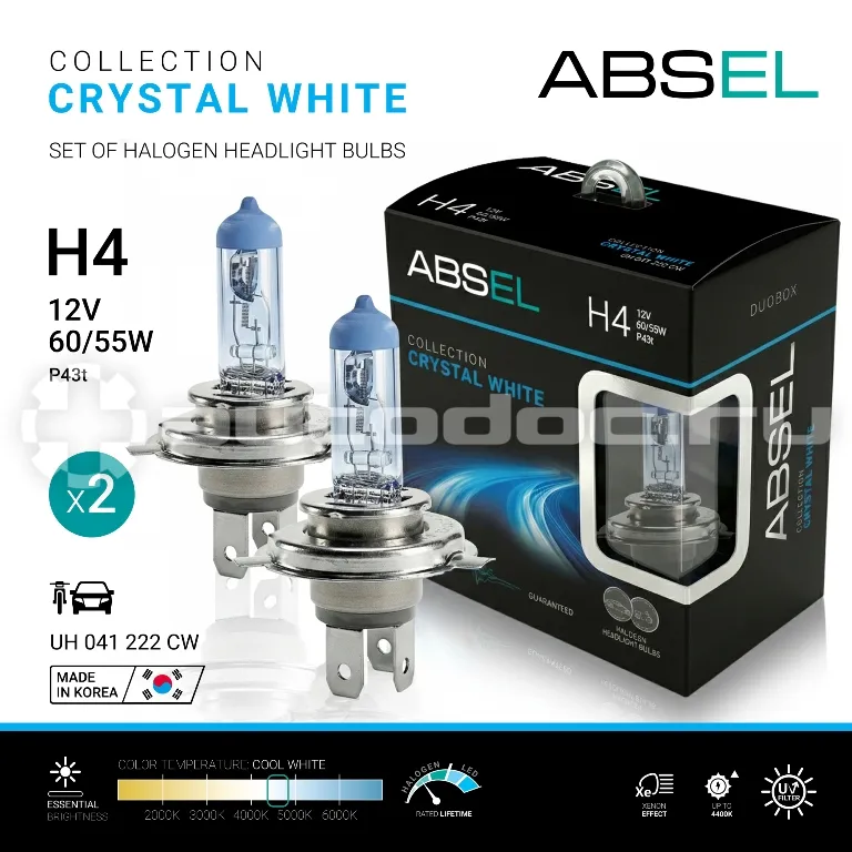 ABSEL Лампы галогенные H4 P43t 12V 60/55W CRYSTAL WHITE