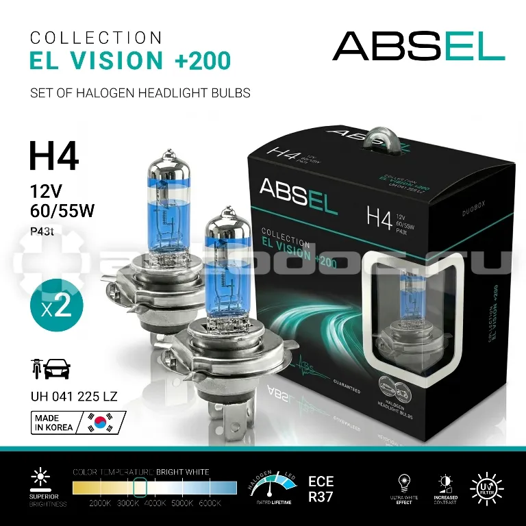 ABSEL Лампа галогенная H4 P43t 60/55W 12V EL VISION +200