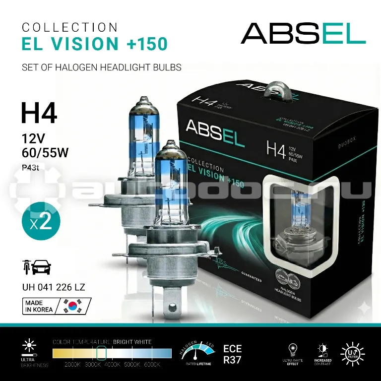 ABSEL Лампы галогенные H4 P43t 12V 60/55W EL VISION +150