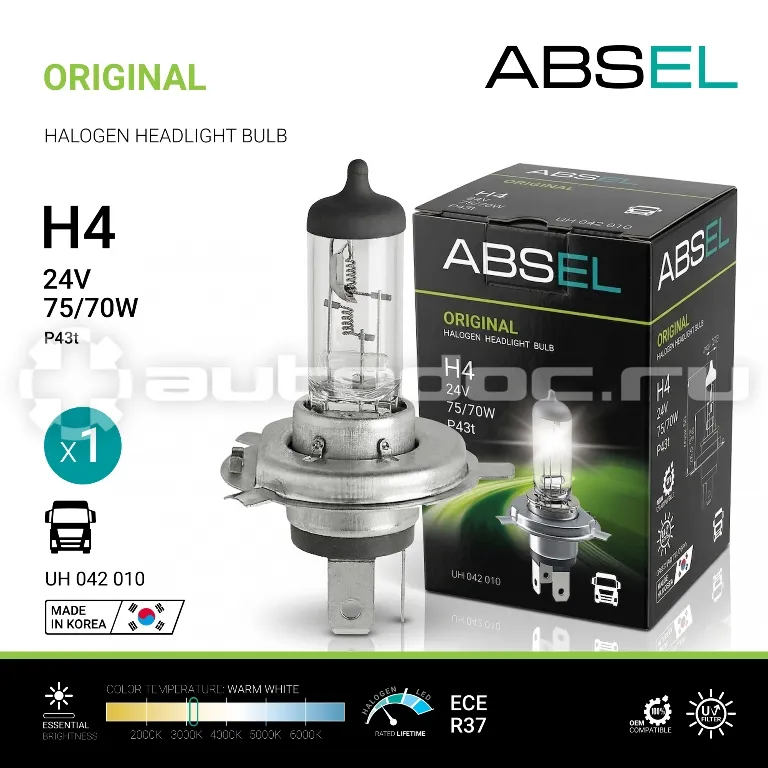 ABSEL Лампа галогенная H4 P43t 24V 75/70W ORIGINAL