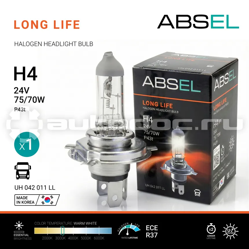 ABSEL Лампа галогенная H4 P43t 75/70W 24V LONG LIFE
