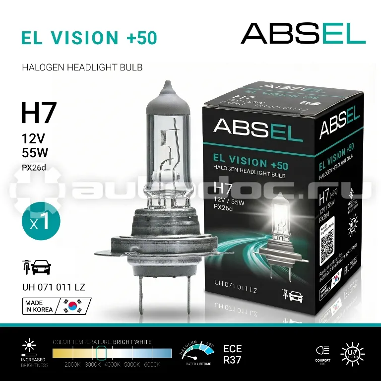 ABSEL Лампа галогенная H7 PX26d 12V 55W EL VISION +50