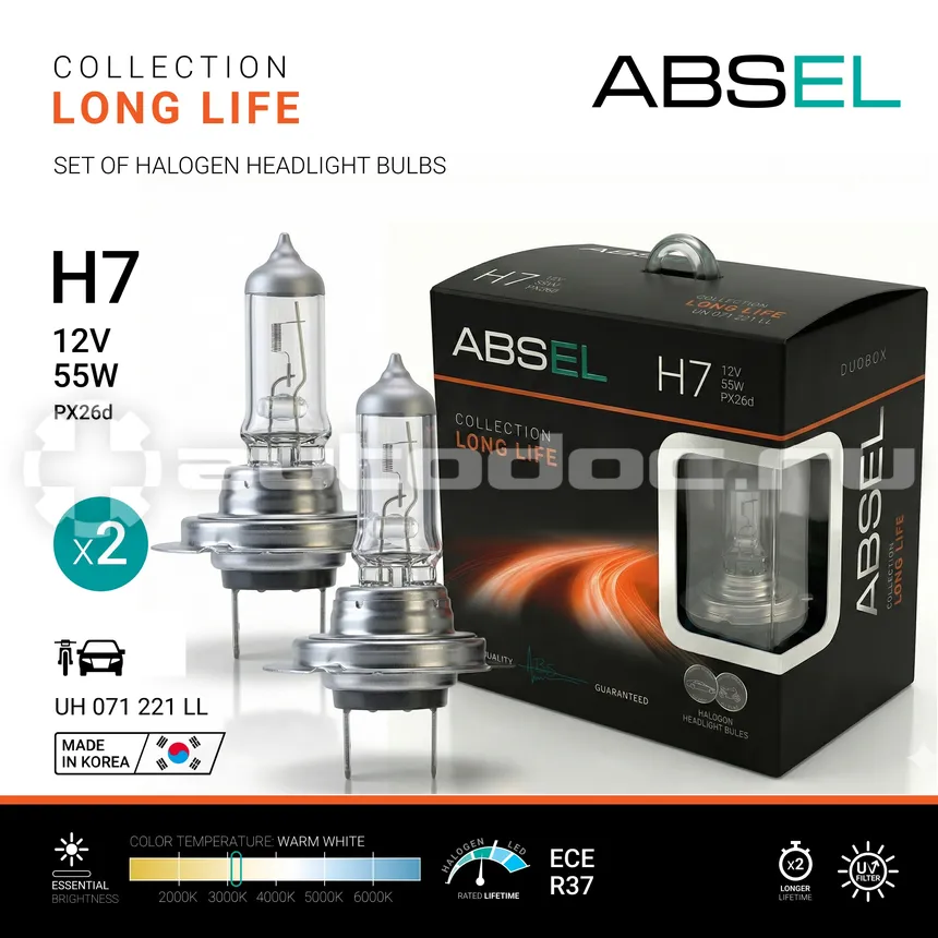 ABSEL Лампа галогенная H7 PX26d 55W 12V LONG LIFE