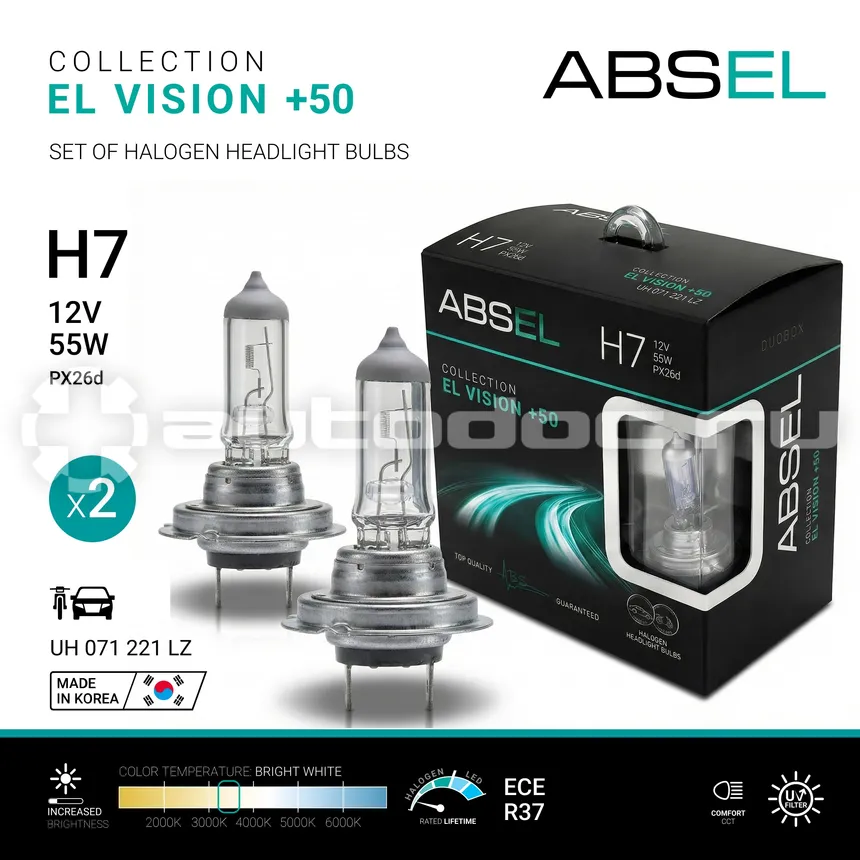 ABSEL Лампа галогенная H7 PX26d 55W 12V EL VISION +50