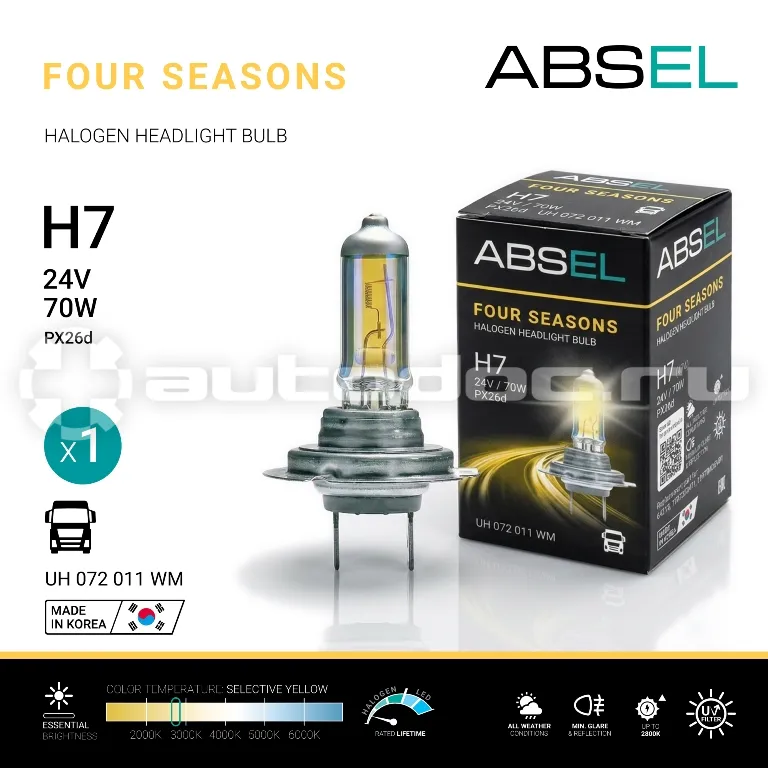 ABSEL Лампа галогенная H7 PX26d 70W 24V FOUR SEASONS