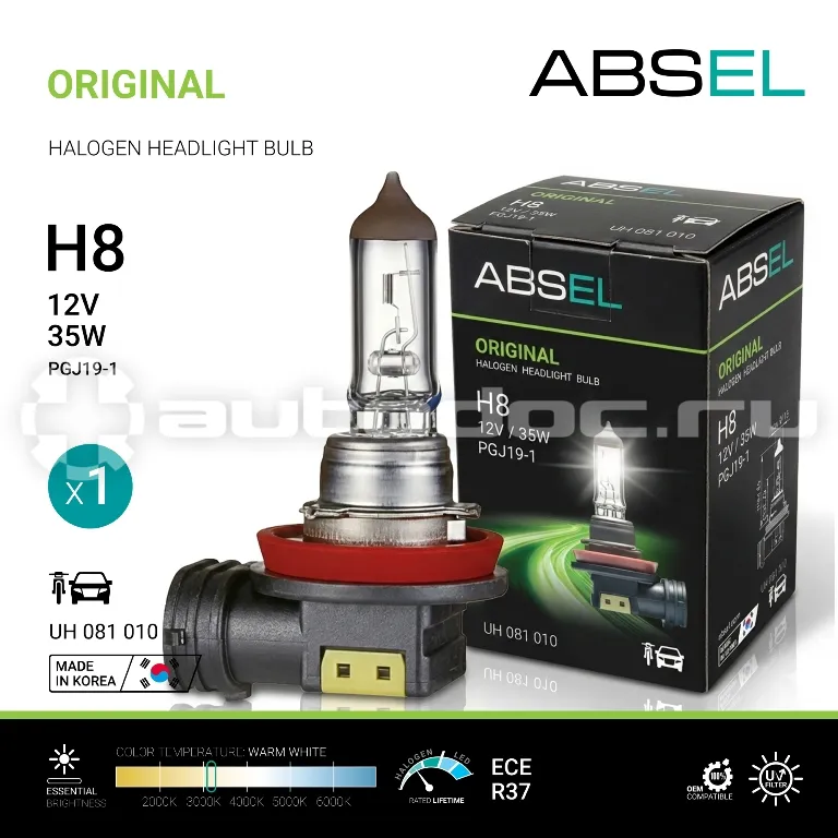 ABSEL Лампа галогенная H8 PGJ19-1 12V 35W ORIGINAL