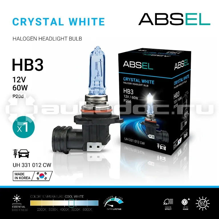 ABSEL Лампа галогенная HB3 P20d 60W 12V CRYSTAL WHITE
