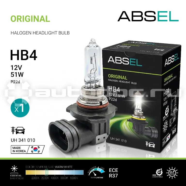 ABSEL Лампа галогенная HB4 P22d 12V 51W ORIGINAL