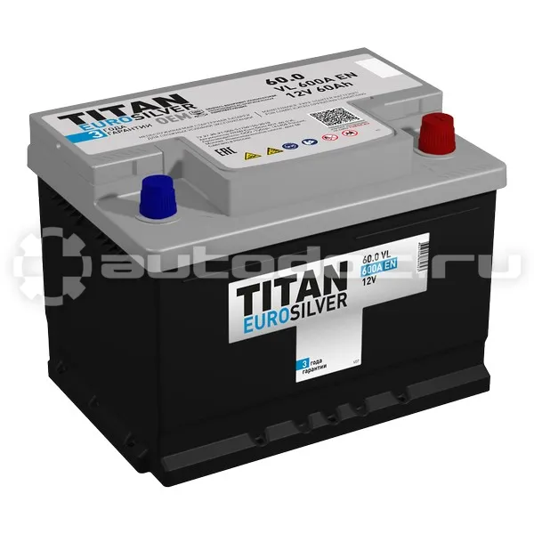 TITAN Аккумулятор EUROSILVER 6СТ-60.0 A/h (-/+) 12V 600 A EN 242 х 175 х 175 (низкий)