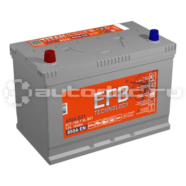 TITAN Аккумулятор ASIA EFB 6СТ-100.1 A/h (+/-) 12V 850/880 A EN 304 х 175 х 221 asia B01