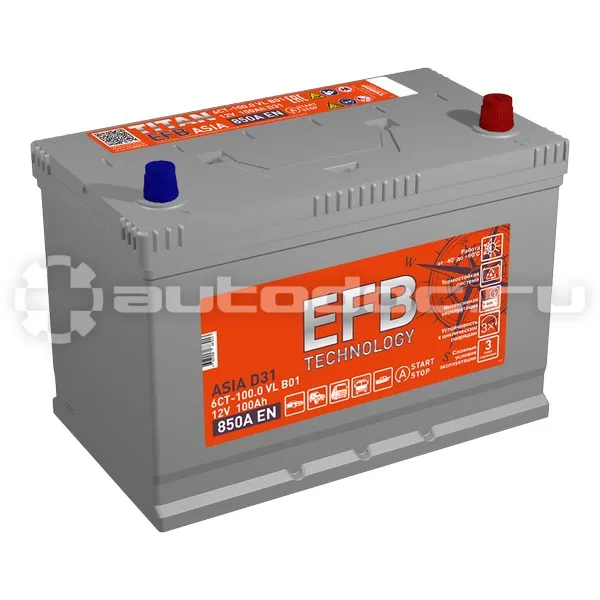 TITAN Аккумулятор ASIA EFB 6СТ-100.0 A/h (-/+) 12V 850 A EN 304 х 175 х 221