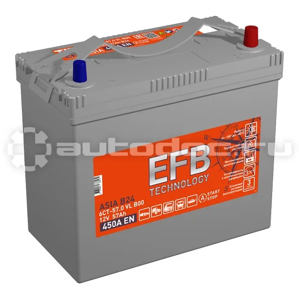TITAN Аккумулятор ASIA EFB 6СТ-57.0 A/h (-/+) 12V 450 A EN 236 х 128 х 223