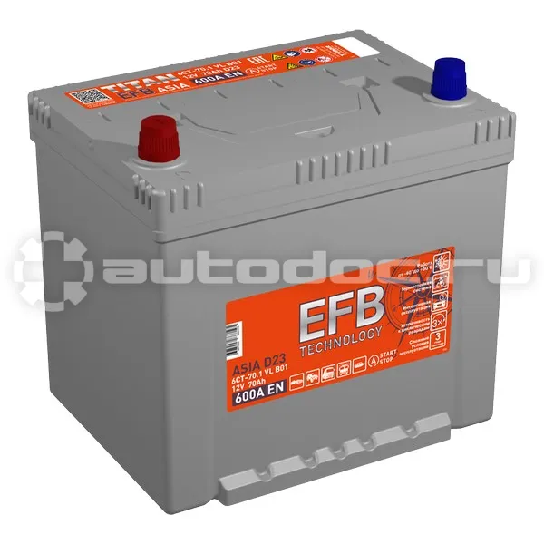 TITAN Аккумулятор ASIA EFB 12V 70Ah 600A (L+) B01 230х175х223 16.5кг