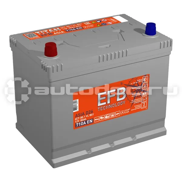 TITAN Аккумулятор ASIA EFB 12V 80Ah 710A (L+) B01 258х175х223 18.5кг