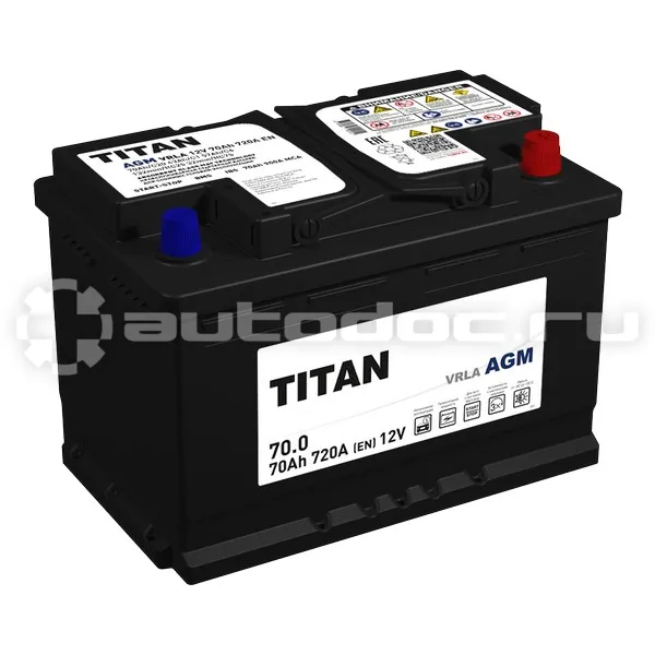 TITAN Аккумулятор AGM Stop&Go 70 А/ч Обратная R+ 278x175x190 EN720 A