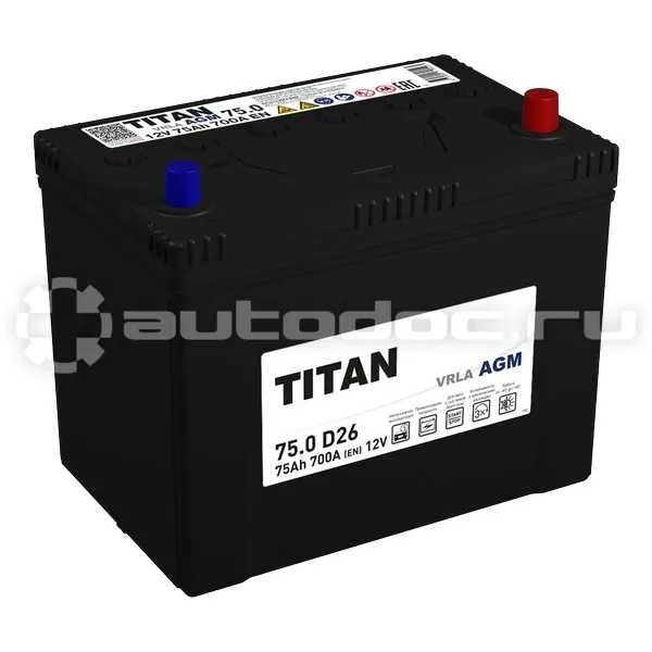 TITAN Аккумулятор AGM D26 75 А/ч ОБР 258x175x223 EN650 A 4610082702127