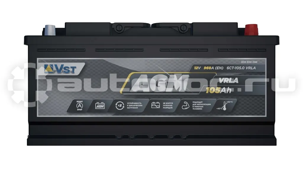 VST Аккумулятор AGM, 12 V, 95 А/ч, 960А, 305x175x225, обратная полярность