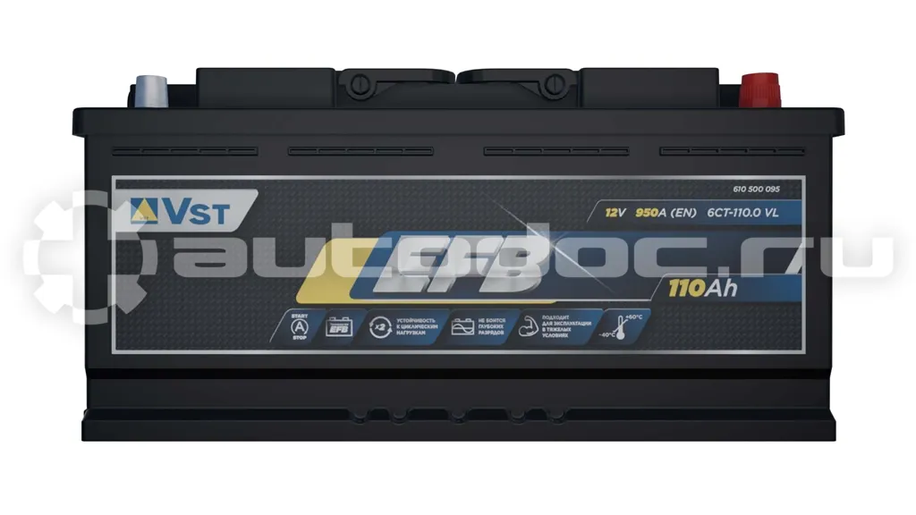 VST Аккумулятор EFB, 12 V, 110 А/ч, 950А, 305x175x225, обратная полярность