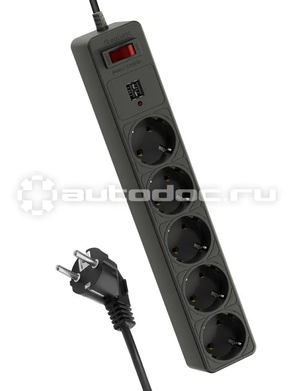 КОСМОС Удлинитель с сетевым фильтром 5х3м с заземл. 10А IP20 2.2кВт 2хUSB 3х0.75 с предохранителем