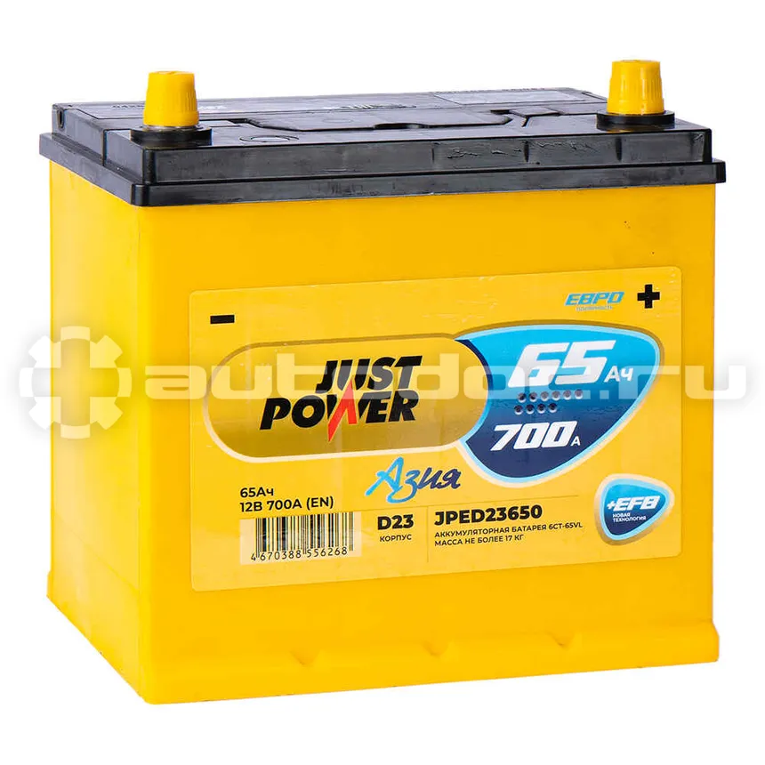 JUST POWER Аккумулятор ASIA EFB 65 А/ч обратный R+ 232x173x223 D23 EN 700 А