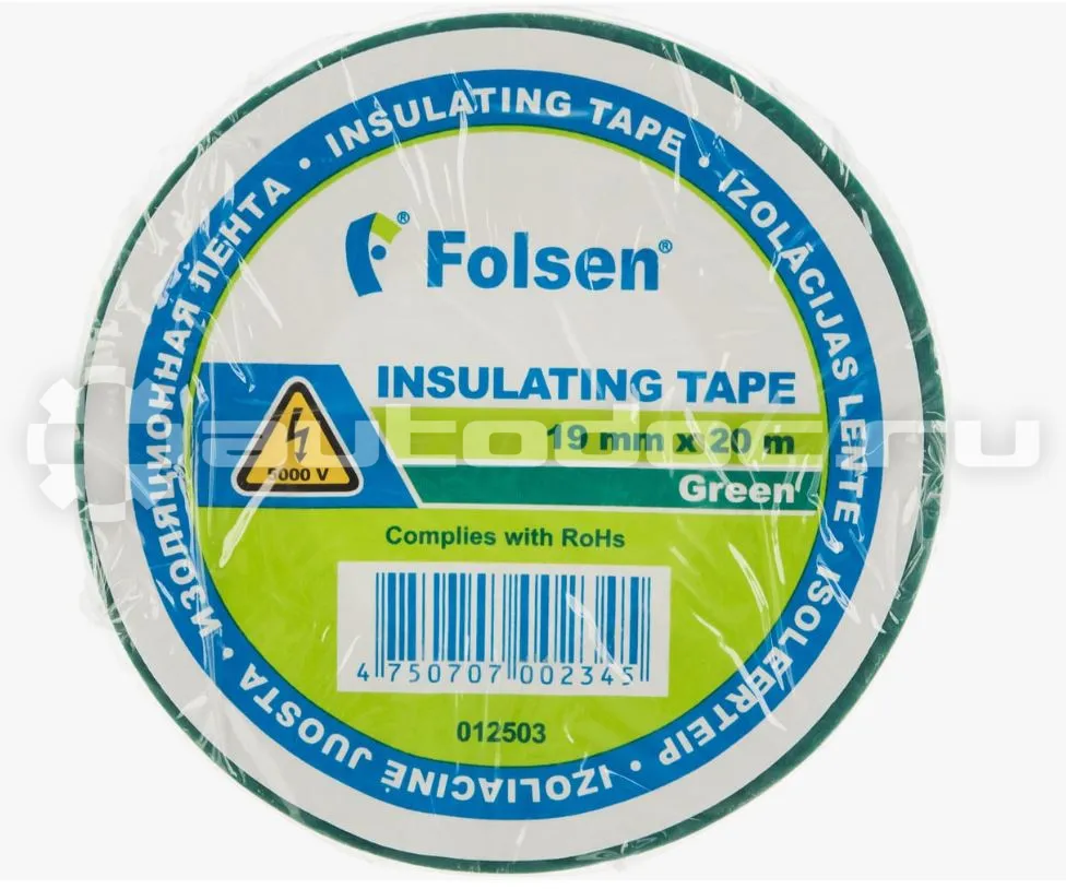 FOLSEN Лента изоляционная 19 мм x20 м толщина 0,12 мм ПВХ зеленая от -10C до +80C  012503
