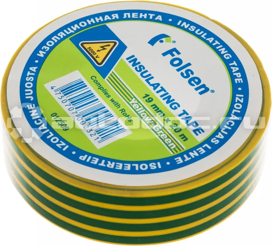 FOLSEN Лента изоляционная 19 мм x20 м толщина 0,12 мм ПВХ желто-зеленая от -10C до +80C  012509